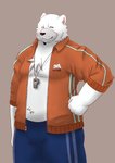 anthro belly black_nose bottomwear clothing fur kemono male pants simple_background slightly_chubby solo white_body white_fur kuma_(pixiv_881259) kumadasi bear mammal polar_bear ursine 2010 hi_res