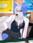 alternate_color anthro blue_body blue_eyes blue_fur bottomwear bra breasts camel_toe clothed clothing coat doctor eyewear female flashing fur glasses grey_body grey_fur lab_coat panties seductive skirt solo topwear underwear white_body white_fur skylosminkan matilda_(starthemutts) absurd_res digital_media_(artwork) hi_res shaded