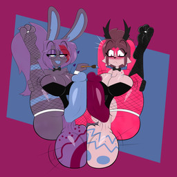 anthro antlers balls balls_expansion balls_touching big_balls big_breasts big_penis blush breast_expansion breasts bunny_costume clothing costume digit_ring duo expansion feet fishnet_clothing fishnet_legwear frottage gender_transformation genital_expansion genitals gynomorph gynomorph/gynomorph holidays horn huge_balls huge_breasts huge_penis intersex intersex/intersex jewelry legwear mtg_transformation mti_transformation paint penile penis penises_touching ring sex surprised thick_thighs toe_ring toes transformation aurabutt atlyss easter aura_(aurabutt) evelia_zara jackalope lagomorph leporid mammal poon_(atlyss) rabbit 1:1 hi_res