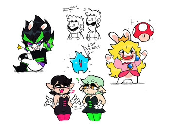 5_fingers anthro belt bent_leg big_nose black_boots black_clothing black_dress black_eyebrows black_eyelids black_facial_hair black_footwear black_hair black_handwear black_jacket black_mittens black_mustache black_topwear blonde_hair blue_body blue_skin boots buckteeth button_(fastener) circle_eyebrows closed_frown clothed clothed_anthro clothed_female clothed_human clothed_humanoid clothed_male clothing confident confident_anthro confident_female confusion crown dot_eyes dress ear_piercing ear_ring eyebrow_through_hair eyebrows eyelashes eyes_closed facial_hair fangs featureless_crotch female female_anthro fingers footwear frown frowning_at_another fully_clothed fully_clothed_human fully_clothed_male fungus fur gloves green_belt green_clothing green_eyebrows green_hair green_legwear green_stockings group hair half-closed_eyes hand_pawpads handwear happy headgear holding_knife holding_object humanoid_pointy_ears jacket knife larger_human larger_male legwear light lips long_ears looking_at_another looking_at_viewer male male_human medium_hair mitten_hands mittens mouth_closed multicolored_hair mushroom mustache narrowed_eyes noseless open_mouth open_smile pantsless_anthro pantsless_female pawpads piercing pink_stockings pink_tongue pointy_ears purple_clothing purple_ear_piercing purple_eyelids purple_shirt purple_topwear question_mark raised_arms red_mouth ring_piercing sharp_teeth shirt shoes short_hair short_legs simple_background simple_eyes size_difference smaller_human smaller_male smile smiling_at_viewer sparkles spiky_hair star_(shape) stockings straight_legs super_mushroom tan_eyelids tan_inner_ear tan_lips tan_pawpads teeth text thick_eyebrows tongue topwear torn_clothing torn_shirt torn_topwear translucent translucent_hair two_tone_hair white_background white_body white_clothing white_fur white_gloves white_hair white_handwear white_shirt white_topwear yelling yellow_eyes vampkettleartz mario_bros mario_plus_rabbids_kingdom_battle mario_plus_rabbids_sparks_of_hope nintendo raving_rabbids rayman_(series) splatoon the_super_mario_bros_movie ubisoft callie_(splatoon) edge_(mario_plus_rabbids) luigi lumalee marie_(splatoon) mario rabbid_peach cephalopod human humanoid inkling lagomorph luma mammal marine mollusk rabbid 2023 4:3 absurd_res character_name colored crossover digital_drawing_(artwork) digital_media_(artwork) english_description english_text hi_res lighting shaded brother_(lore) brothers_(lore) cousins_(lore) sibling_(lore) twins_(lore)