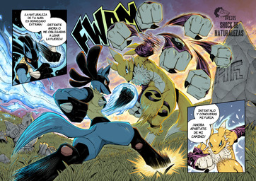 3_fingers abs action_pose angry anthro arm_tuft armwear athletic aura battle biceps big_breasts biped black_body black_claws black_fur black_nose black_sclera blue_body blue_eyes blue_fur breasts bridal_gauntlets butt cheek_tuft chest_tuft claws clothed clothed/nude clothing cloud countershade_torso countershading curvy_figure deltoids dialogue double_tomoe duo ears_back ears_up energy facial_markings facial_tuft female fight fingers fist frown fur fur_markings grass head_markings ink jumping larger_female leg_markings light logo long_ears long_tale looking_at_another looking_down looking_up male markings mask_(marking) motion_lines muscular muscular_female muscular_male navel neck_tuft nude onomatopoeia outside paws pecs pink_paws pivoted_ears plant pose punch purple_body purple_clothing purple_fur raised_leg red_eyes rock running shoulder_tuft simple_background size_difference sky smaller_male sound_effects spikes spread_legs spreading sunset tan_body tan_fur text thick_thighs thigh_markings tomoe_(symbol) triceps tuft tuft_ears white_background white_body white_countershading white_fur wide_hips yellow_body yellow_fur yin_yang trejoshurtado bandai_namco digimon nintendo pokemon digimon_(species) generation_4_pokemon generation_5_pokemon golurk lucario pokemon_(species) renamon absurd_res artist_logo artist_name black_and_white colored comic crossover hi_res monochrome shaded spanish_text translated translation_request