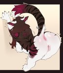 anthro anus breasts brown_hair feet female fur genitals hair high-angle_view inner_ear_fluff markings mole_(marking) multicolored_body multicolored_fur paws pussy rear_view simple_background solo stretching striped_body striped_fur stripes tail tail_anus tail_tuft text tuft white_body white_fur nyushi asian_mythology east_asian_mythology japanese_mythology mythology nyu_(nyufluff) demon felid mammal oni pantherine tiger yokai hi_res signature