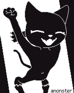 anthro biped black_body black_fur claws eyes_closed female fur monotone_body smile solo stretching tail anonster domestic_cat felid feline felis mammal 4:5 black_and_white digital_media_(artwork) monochrome pixel_(artwork) watermark
