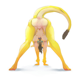 all_fours anthro anus balls breasts brown_hair butt collar countershade_accent fur genitals green_eyes gynomorph hair intersex looking_at_viewer multi_nipple nipple_piercing nipples pawpads penis piercing simple_background smile solo tail yellow_body yellow_fur corablue fallout microsoft tidko night_stalker_(fallout) 2025 absurd_res digital_media_(artwork) hi_res