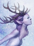 antlers blue_eyes female fur hair holidays horn humanoid_pointy_ears purple_hair side_view simple_background snow solo spots text white_body white_fur artgerm christmas deer_princess humanoid 2012 3:4 bust_portrait english_text portrait