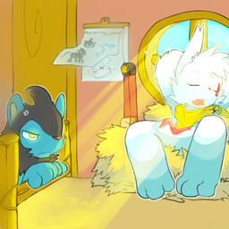 ambiguous_gender annoyed anthro black_hair black_mane black_nose blue_body blue_ears blue_fur clothed clothing cross-popping_vein drawing_(object) drawing_in_a_drawing duo eyes_closed featureless_crotch front_view fur glaring hair hand_behind_head hay inside kerchief kerchief_only light mane map mostly_nude multicolored_body multicolored_fur neckerchief neckerchief_only neckwear open_mouth reclining red_body red_fur red_nose shadow sleeping snoring teeth two_tone_body two_tone_fur vein white_body white_ears white_fur white_hair window yellow_clothing yellow_eyes yellow_kerchief yellow_neckerchief whiteleo nintendo pokemon max_(whiteleo) canid canine felid generation_3_pokemon generation_4_pokemon luxio mammal pokemon_(species) zangoose 1:1 hi_res shaded
