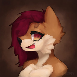ambiguous_gender anthro brown_body brown_fur circle_eyebrows eyebrows fur gradient_background gradient_eyes hair open_mouth open_smile orange_eyes red_eyes red_hair red_tongue side_mouth side_view simple_background smile solo tongue shiiggy caramel_(caramelthevixen) canid canine fox mammal 1:1 bust_portrait digital_media_(artwork) digital_painting_(artwork) icon painting_(artwork) portrait