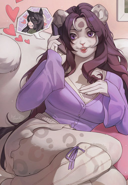 anthro biped bottomwear breasts cellphone claws clothed clothed_anthro clothed_female clothing electronics female fingers front_view fully_clothed fully_clothed_anthro fully_clothed_female fur hair heart_symbol inside markings phone sitting smartphone smile solo spots spotted_body spotted_fur teeth topwear redlemon domestic_cat felid feline felis mammal 2026 digital_drawing_(artwork) digital_media_(artwork) hi_res