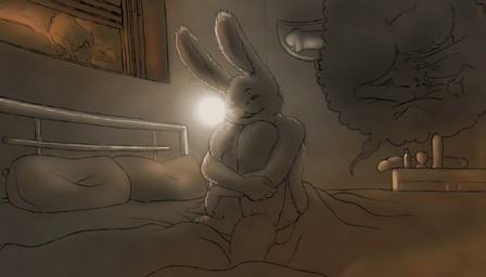 ambiguous_gender anthro bed bedroom butt day dildo double_dildo duo furniture inside long_ears male male/ambiguous on_bed pillow sex_toy sitting sunrise window mot hare lagomorph leporid mammal rabbit 7:4 digital_media_(artwork)