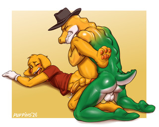 anal anal_penetration anthro balls bodily_fluids bottomless bottomless_male butt candy clothed clothing cowboy_hat dessert duo erection food genital_fluids genitals glans gloves gummy_(food) handwear hat hat_only headgear headgear_only headwear headwear_only male male/male mostly_nude multicolored_body one_eye_closed penetration penile penile_penetration penis penis_in_ass precum red_clothing red_shirt red_t-shirt red_topwear sex shirt simple_background t-shirt tail topwear white_clothing white_gloves white_handwear yellow_body yellow_sclera puppins glitch_productions the_amazing_digital_circus gummigoo_(tadc) scratch_(tadc) bird_dog canid canine canis crocodile crocodilian domestic_dog food_creature golden_retriever gummy_creature hunting_dog living_candy mammal reptile retriever scalie 2026 5:4 hi_res