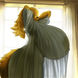 anthro areola big_breasts black_nose blonde_hair breasts clothing female female_anthro hair hair_over_eyes hands_behind_head huge_breasts hyper hyper_breasts nipples solo tail translucent translucent_clothing yellow_tail liodimor canid canine canis domestic_dog mammal 1:1 2025 hi_res
