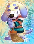 anthro biped black_nose bottomless broom cleaning_tool clothed clothing eyes_closed female holding_broom holding_cleaning_tool holding_object pattern_clothing pattern_shirt pattern_topwear shirt smile solo striped_clothing striped_shirt striped_topwear stripes sweeping tail topwear wienerdogworks animal_crossing nintendo daisy_(animal_crossing) canid canine canis domestic_dog mammal 2022 digital_drawing_(artwork) digital_media_(artwork) full-length_portrait hi_res portrait