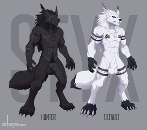 4_toes 5_fingers abs alternate_color animal_genitalia animal_penis anthro balls biceps big_balls big_penis biped black_body black_fur black_hair black_markings black_nose blue_eyes body_hair canine_genitalia canine_penis casual_nudity chest_markings claws digitigrade dipstick_tail erection eye_markings feet fingers fluffy fluffy_tail footprint fully_sheathed fur genitals gloves_(marking) grey_background hair happy_trail knot leg_markings male markings multicolored_body multicolored_fur multicolored_tail muscular muscular_anthro muscular_male nude pawprint pawprint_(marking) pecs penis sheath simple_background socks_(marking) solo standing tail tail_markings tattoo text thick_sheath toe_claws toes two_tone_body two_tone_fur white_body white_fur white_hair yellow_eyes stoopix styx_(jelomaus) canid canine dire_wolf mammal prehistoric_species 2015 cel_shading digital_media_(artwork) english_text hi_res model_sheet shaded signature