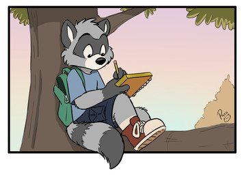 anthro backpack blue_bottomwear blue_clothing blue_shirt blue_shorts blue_t-shirt blue_topwear bottomwear clothed clothing day facial_markings footwear fur glistening glistening_eyes grey_body grey_fur head_markings holding_notebook in_tree logo male markings mask_(marking) outside plant red_clothing red_footwear red_shoes shirt shoes shorts sitting solo striped_markings striped_tail stripes t-shirt tail tail_markings topwear tree white_clothing white_footwear white_shoes young young_anthro young_male pandapaco art_(pandapaco) mammal procyonid raccoon artist_logo signature