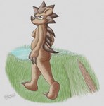 anthro back_spikes breasts brown_body brown_fur brown_hair butt female fur hair lake nipples nude pie_cut_eyes solo spikes spikes_(anatomy) spiky_hair walking lendri_mujina amialido_amdodo_(copyright) shielle_spineback mammal porcupine rodent dated hi_res signature