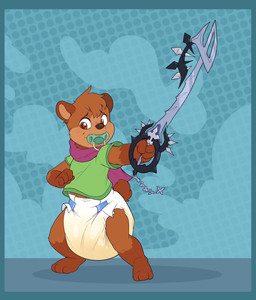 ambiguous_gender anthro big_diaper blue_background blue_border blush blush_lines bodily_fluids border brown_body brown_ears brown_fur brown_inner_ear brown_nose brown_tail clothed clothing diaper dotted_background fur genital_fluids gloves_(marking) green_clothing green_pacifier green_shirt green_t-shirt green_topwear holding_melee_weapon holding_object holding_weapon huge_diaper keyblade leg_markings looking_down markings melee_weapon object_in_mouth pacifier pacifier_in_mouth pattern_background pink_scarf scarf shirt simple_background smile socks_(marking) solo standing t-shirt tail three-quarter_view topwear unclean_diaper urine used_diaper wavy_mouth wavy_smile weapon wearing_diaper wet_diaper white_diaper young young_anthro bubblepuppers kingdom_hearts square_enix oscar_(lupinebear) bear mammal full-length_portrait hi_res portrait