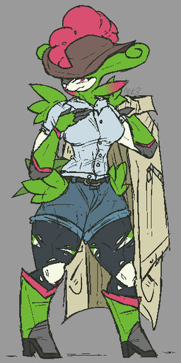 anthro belt blue_bottomwear blue_clothing blue_jeans blue_pants boots bottomwear breasts clothed clothing denim denim_bottomwear denim_clothing female footwear green_body hat headgear headwear high_heeled_boots high_heels jeans leggings legwear looking_at_viewer pants pink_eyes shoes simple_background solo tan_body thick_thighs torn_clothing torn_leggings torn_legwear mik3hawk nintendo pokemon generation_5_pokemon legendary_pokemon pokemon_(species) virizion