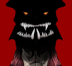 anthro armor big_teeth front_view glowing glowing_eyes looking_at_viewer male muscular not_furry red_background shadow silhouette simple_background solo teeth yellow_eyes loki_bagel blizzard_entertainment starcraft hydralisk_(character) alien hydralisk_(starcraft) zerg absurd_res hi_res