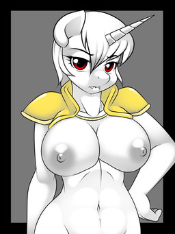 anthro areola armor big_breasts bottomless breasts clothed clothing exposed_breasts fangs female grey_nipples hair horn looking_at_viewer navel nipples red_eyes short_hair solo teeth topwear white_body white_hair white_skin wide_hips yellow_clothing yellow_topwear kloudmutt hasbro my_little_pony mythology equid equine mammal mythological_creature mythological_equine unicorn vampire 2014 3:4 absurd_res digital_media_(artwork) half-length_portrait hi_res portrait