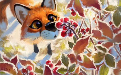 ambiguous_gender ashberry autumn_leaves black_nose black_paws black_socks_(marking) black_whiskers dipstick_tail feral fluffy fur grass leg_markings markings multicolored_body multicolored_fur nature orange_body orange_fur outside plant red_berries rowan_(berry) snow socks_(marking) solo tail tail_markings two_tone_body two_tone_fur whisker_spots whiskers white_body white_fur white_tail_tip yellow_eyes alexpahomov canid canine fox mammal 2023 digital_media_(artwork) digital_painting_(artwork) painting_(artwork)
