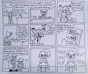 9_panel_comic anthro chair city cityscape clothing container cup derp_eyes desk dialogue exasperated exclamation_point female furniture gesture group hand_gesture human_resource_management humor male midriff motivating mug office parody pointing print_clothing print_shirt print_t-shirt print_topwear raised_arms shirt sitting smile t-shirt table text toony topwear trio window yelling nikki_morgen bubsy_(series) gex_(series) nintendo parappa_the_rapper sony_corporation sony_interactive_entertainment the_legend_of_zelda wind_waker bubsy_bobcat gex_the_gecko katy_kat toon_link bobcat domestic_cat felid feline felis gecko lizard lynx mammal reptile scalie 2024 comic crossover english_text hi_res monochrome