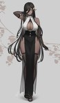 big_breasts black_hair breasts cleavage clothed clothing dress eyebrow_through_hair eyebrows female footwear gloves hair halterneck handwear humanoid_pointy_ears long_hair not_furry pointy_ears shoes skindentation smile solo translucent translucent_hair yellow_eyes hayabusa_(artist) dark_elf elf humanoid hi_res signature