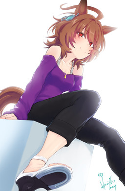 ahoge bottomwear breasts brown_hair clothed clothing eyebrow_through_hair eyebrows eyelashes female footwear hair jewelry looking_at_viewer necklace off_shoulder pants red_eyes sandals shoes smile solo tail translucent translucent_hair horishin cygames uma_musume_pretty_derby agnes_tachyon_(pretty_derby) animal_humanoid equid equid_humanoid equine equine_humanoid horse_humanoid humanoid mammal mammal_humanoid 2021 hi_res