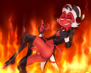 balls bottomwear bottomwear_down bow_tie clothed clothing exposed exposed_butt fingerless_gloves fire flaccid floating foreskin freckles genitals glistening_eyelids gloves grin hair half-closed_eyes handwear head_tuft hell horn humanoid_genitalia humanoid_penis male narrowed_eyes pants pants_down partially_clothed penis smile solo spade_tail suit tail tail_motion teeth tuft yellow_eyes niichan hellaverse helluva_boss moxxie_(helluva_boss) demon demon_humanoid humanoid imp tailed_humanoid digital_media_(artwork) portrait watermark