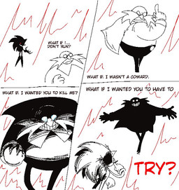 anthro big_nose black_eyes cape claws clothed clothing determined duo eyewear face_in_shadow facial_hair fire flaming_background fur glasses gloves handwear imminent_fight looking_back male mustache nude quills_(anatomy) silhouette smile teeth text void_eyes magikman_art sega sonic.exe_(creepypasta) sonic_the_hedgehog_(series) dr._eggman sonic.exe human mammal comic english_text monochrome