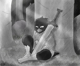 anthro bandage beak female forest light melee_weapon outside plant sitting solo sunlight sword tree weapon young inprogress avian bird corvid corvus_(genus) crow oscine passerine 6:5 absurd_res greyscale hi_res monochrome