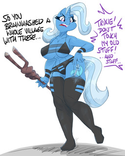 5_fingers anthro anthrofied areola areola_slip big_breasts blue_body blue_hair blue_tail breasts clothed clothing cutie_mark dialogue female fingers hair horn legwear long_hair offscreen_character open_mouth pink_eyes simple_background skimpy solo staff standing stockings tail teeth text thigh_highs tongue white_background flutterthrash friendship_is_magic hasbro my_little_pony mythology trixie_(mlp) equid equine mammal mythological_creature mythological_equine unicorn absurd_res english_text hi_res signature