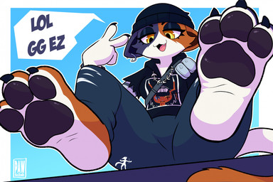 3_toes ambiguous_gender anthro barefoot beanie black_pawpads bottomwear breasts claws clothing cute_fangs dialogue duo ear_piercing ear_ring extreme_size_difference fangs feet female foot_focus gesture hand_gesture hat headgear headwear hindpaw looking_down open_mouth pants pawpads paws piercing plantigrade plantigrade_pawpads ring_piercing shirt simple_background sitting size_difference smile soles tail teeth text toes topwear v_sign yellow_eyes p4wsized epic_games fortnite meow_skulls domestic_cat felid feline felis mammal 2025 digital_media_(artwork) english_text hi_res