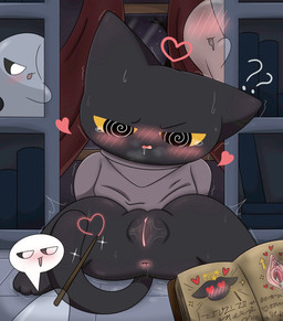 anal anal_penetration black_body black_eyes black_fur blush blush_lines bodily_fluids clitoris clothed clothing dripping dripping_vulva female feral fur genital_fluids genitals group heart_symbol hypnosis looking_at_viewer magic_wand mind_control penetration shaking sitting sitting_on_ground spread_legs spreading tail trembling caroll google google_doodle magic_cat_academy momo_(google) domestic_cat felid feline felis mammal hi_res