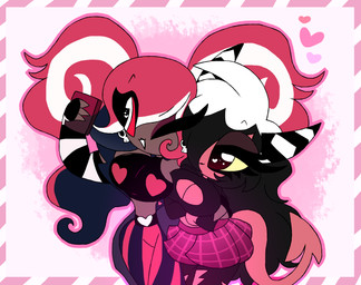 arm_around_another arm_under_breasts armwear bare_shoulders black_clothing black_crop_top black_hair black_shirt black_topwear bottomwear breasts cellphone cleavage cleavage_cutout clothed clothing crop_top cutout dark_body dark_skin duo elbow_gloves electronics eye_through_hair eyelashes female fingerless_gloves gloves hair hair_over_eye halter_top handwear heart_catchlight heart_symbol highlights_(coloring) holding_cellphone holding_object holding_phone holding_smartphone horn long_hair midriff multicolored_hair not_furry one_eye_closed pants pattern_armwear pattern_bottomwear pattern_clothing pattern_elbow_gloves pattern_gloves pattern_handwear pattern_pants pattern_skirt phone pink_background plaid plaid_bottomwear plaid_clothing plaid_skirt purple_bottomwear purple_clothing purple_skirt red_body red_hair red_sclera red_skin selfie shirt simple_background skirt skull_ear_ring small_waist smartphone smile spade_tail striped_armwear striped_bottomwear striped_clothing striped_elbow_gloves striped_gloves striped_handwear striped_horn striped_pants stripes tail topwear torn_bottomwear torn_clothing torn_pants translucent translucent_hair white_highlights wide_hips wink yellow_sclera cyrilwolff hazbin_hotel hellaverse helluva_boss sallie_may_(helluva_boss) velvette_(hazbin_hotel) demon demon_humanoid horned_humanoid humanoid imp sinner_demon tailed_humanoid 2024 hi_res trans_(lore) trans_woman_(lore)