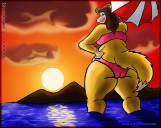 anthro belly bikini blue_eyes breasts brown_hair butt camel_toe clothing cloud dipstick_tail female fur hair long_hair looking_back markings mountain overweight overweight_anthro overweight_female parasol rear_view sea solo standing sun sunset swimwear tail tail_markings two-piece_swimsuit water yellow_body yellow_fur kazecat jenna_(underwear-ninja) canid canine fox mammal 2006