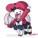 4_fingers alcohol anthro beverage bottle clothed clothing container dress female fingers fur gesture hat headgear headwear heart_symbol ribbons smile solo waving white_body white_fur wine owlhaus rosianna_rabbit lagomorph leporid mammal rabbit 1:1 low_res