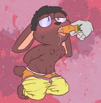 anthro bulge carrot clothed clothing disembodied_hand duo eyewear femboy food glasses kneeling looking_pleasured male plant sagging sagging_pants solo_focus topless underwear vegetable nutty_bo lemmy lagomorph leporid mammal rabbit digital_drawing_(artwork) digital_media_(artwork)