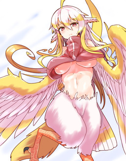 areola avian_feet blonde_hair bottomless bottomless_female breasts clothed clothing feathered_ears feathers female hair light_body light_skin medium_breasts multicolored_body multicolored_feathers multicolored_hair navel nipple_slip nipples solo topwear two_tone_body two_tone_feathers two_tone_hair under_boob white_body white_feathers white_hair wings yellow_body yellow_feathers jade_hpy european_mythology greek_mythology mythology avian harpy mythological_avian mythological_creature hi_res