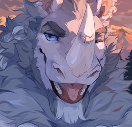 anthro blue_eyes ear_piercing ear_ring facial_horn front_view fur glistening glistening_eyes grey_body grey_fur horn male nose_horn one_eye_closed open_mouth outside piercing pink_tongue ring_piercing solo tongue white_body white_fur corzh77 mammal prehistoric_species rhinoceros woolly_rhinoceros hi_res