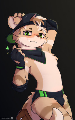 accessory anthro backwards_baseball_cap backwards_hat bag baseball_cap blush briefs bulge clothed clothing cute_fangs elbow_pads eyebrows fangs finger_heart fingerless_gloves fluffy fur furgonomic_headwear furgonomics gloves green_eyes handwear hat headgear headwear heart_symbol kemono kerchief looking_at_viewer male male_anthro multicolored_body multicolored_fur neckerchief neckwear pose seductive simple_background smile smug solo speedo swimwear tail tail_accessory tail_bag teeth topless topless_anthro topless_male two_tone_body two_tone_fur underwear snowybark adrian_(snowstormbat) mammal mustelid otter 5:8 absurd_res hi_res pinup adult_(lore)