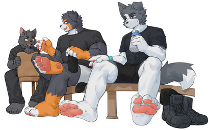 4_toes 5_fingers anthro black_body black_bottomwear black_clothing black_eyebrows black_fur black_pants black_shirt black_shorts black_topwear blue_eyes bodily_fluids bottle bottomwear claws clothed clothed_anthro clothed_male clothing container cute_fangs dipstick_tail eyebrows fangs feet fingers floppy_ears footwear fully_clothed fully_clothed_anthro fully_clothed_male fur group head_tuft holding_bottle holding_clothing holding_container holding_footwear holding_object holding_socks kemono looking_at_another low-angle_view male male_anthro markings multicolored_body multicolored_fur muscular muscular_anthro muscular_male open_mouth orange_body orange_eyebrows orange_fur pants pawpads paws pink_pawpads shirt shoes shorts simple_background sitting socks sweat tail tail_markings teeth toes topwear trio tuft white_background white_body white_bottomwear white_claws white_clothing white_fur white_shorts yellow_eyes joeyzliaotang canid canine canis domestic_cat domestic_dog felid feline felis mammal absurd_res colored digital_drawing_(artwork) digital_media_(artwork) hi_res shaded