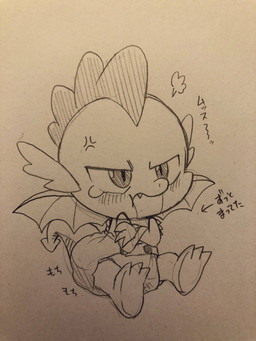 anthro clothed clothing diaper male pouting sitting solo text unclean_diaper used_diaper wearing_diaper young osusimarumaru friendship_is_magic hasbro my_little_pony mythology spike_(mlp) dragon mythological_creature mythological_scalie scalie 3:4 hi_res japanese_text sketch traditional_media_(artwork) translation_request