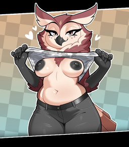 5_fingers anthro beak bottomwear breasts brown_body brown_feathers clothed clothing clothing_lift eyelashes feathers female fingers flashing flashing_breasts freckled_face freckles looking_at_viewer medium_breasts navel neck_tuft nipples non-mammal_breasts non-mammal_navel non-mammal_nipples pants scuted_arms scutes shirt shirt_lift slightly_chubby slightly_chubby_anthro slightly_chubby_female smile solo tail tail_feathers topwear tuft budoti calla_(budoti) avian bird eastern_screech_owl owl screech_owl true_owl hi_res