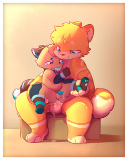 anthro balls bodily_fluids border cum duo feral fur genital_fluids genitals male male/male nipples nude pacifier penis sex simple_background white_border young kai_oshima canid canine mammal absurd_res hi_res
