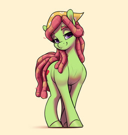 cutie_mark dreadlocks female feral green_body green_hooves hair hooves kerchief purple_eyes red_hair red_tail shadow simple_background smile solo tail yellow_background aquaticvibes friendship_is_magic hasbro my_little_pony tree_hugger_(mlp) earth_pony equid equine horse mammal pony 2022 absurd_res digital_media_(artwork) hi_res