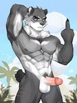 abs anthro balls barazoku biceps big_balls big_penis erection eye_scar facial_scar fur genitals gesture glans grey_body grey_fur grey_nipples hand_gesture humanoid_genitalia humanoid_penis male middle_finger muscular muscular_anthro muscular_male nipples nude_anthro nude_male pecs penis raised_arm scar solo spamz1lla white_body white_fur spamzilla bear mammal 2023 3:4 hi_res