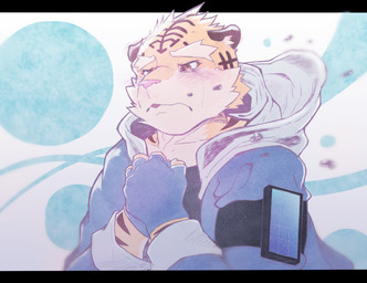 anthro biped blue_clothing bodily_fluids clothed clothing crying fully_clothed fur gloves handwear looking_down male pink_nose simple_background solo striped_body stripes tears white_background wind yellow_body yellow_fur sack07071227 furloid utau vocaloid yamaha_corporation felid mammal pantherine tiger hi_res