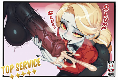 animal_genitalia animal_penis balls black_body blonde_hair bodily_fluids bottomwear clothing cum duo equine_genitalia equine_penis erection eyebrows female female_focus genital_fluids genital_raphe genitals hair humanoid_focus licking male male/female oral pants penile penis penis_lick raised_inner_eyebrows raphe_(anatomy) red_clothing red_eyes scrotal_raphe sex shirt simple_background solo_focus text tongue topwear vein veiny_penis white_body yellow_sclera neh_on hazbin_hotel hellaverse charlie_morningstar humanoid vampire hi_res