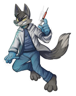 3_toes 5_fingers anthro big_feet big_tail biped black_body black_eyebrows black_fur black_nose black_tail blue_bottomwear blue_clothing blue_gloves blue_handwear blue_pants blue_shirt blue_topwear bottomwear cheek_tuft clothing coat countershade_fur countershading creepy_smile denim denim_bottomwear denim_clothing digitigrade dipstick_tail dirty dirty_clothing doctor eyebrows facial_tuft feet fingers fluffy fluffy_tail fur gloves grey_body grey_fur grey_inner_ear grey_inner_ear_fluff grey_tail_tip handwear head_tuft holding_syringe humanoid_hands inner_ear_fluff insane jeans jumping lab_coat long_tail looking_at_viewer male markings medical medical_gloves medical_instrument multicolored_body multicolored_fur pants pupils raised_leg raised_tail red_liquid scientific_instrument shirt simple_background slit_pupils smile smirk snout solo standing tail tail_markings toes topwear tuft two_tone_body two_tone_fur white_background white_clothing white_lab_coat white_topwear yellow_eyes yellow_sclera hachimakiyaki janusz canid canine canis hybrid mammal wolf wolfdog 2026 colored_sketch digital_drawing_(artwork) digital_media_(artwork) guide_lines hi_res portrait shaded sketch