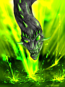 ambiguous_gender detailed_background explosion feral green_eyes grin lava smile solo amelia_stoner mythology dragon mythological_creature mythological_scalie scalie 2007 3:4 detailed green_theme source_request